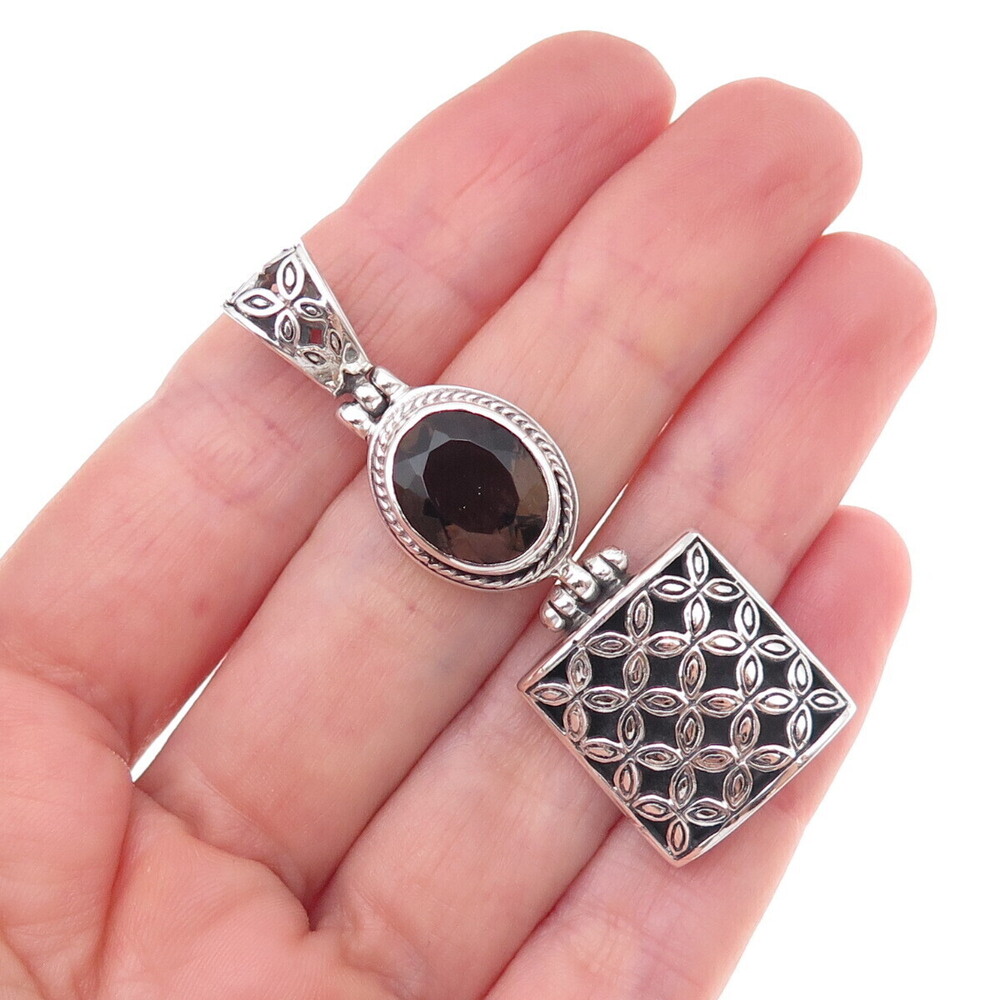 925 Sterling Silver Vintage Real Smoky Quartz Floral Oxidized Pendant